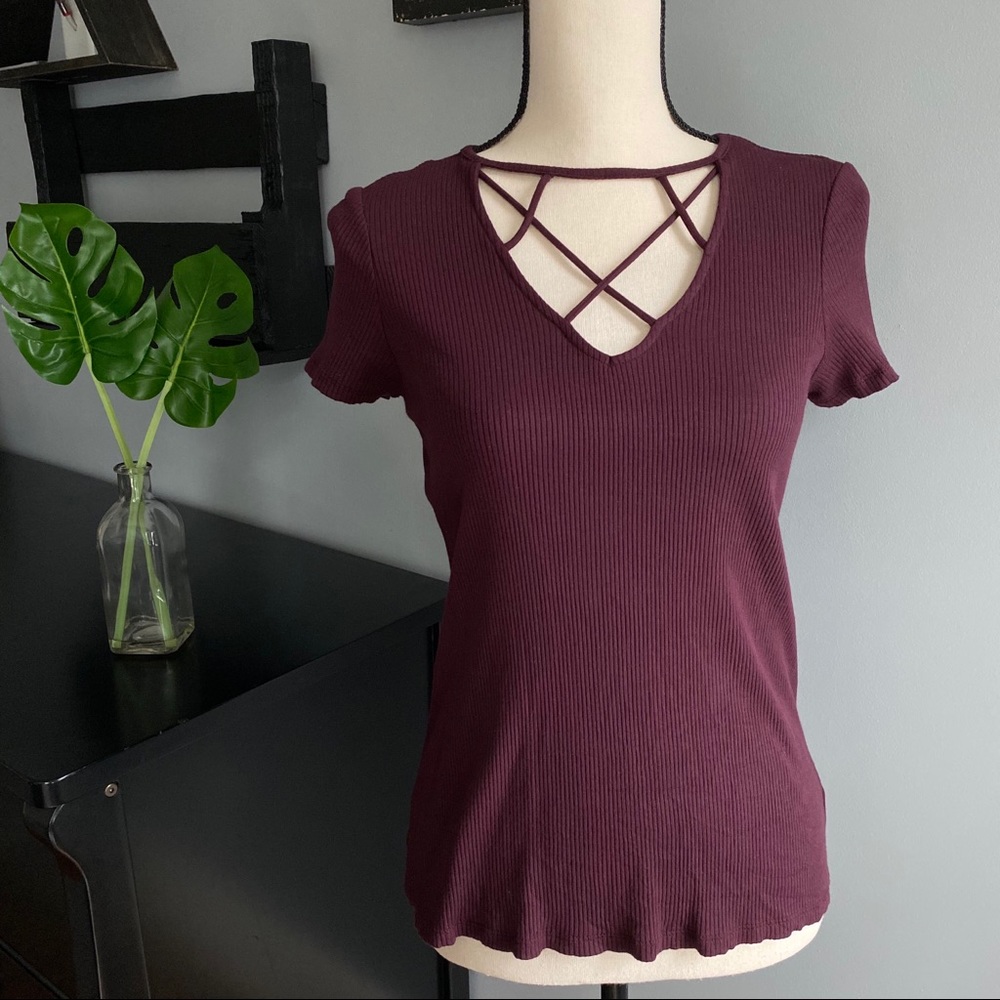 Burgundy American Eagle V-Neck Short Sleeve   Top